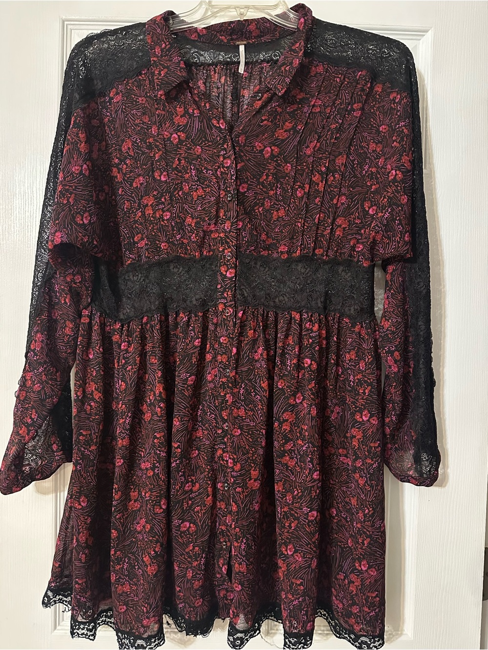 Free People Black Floral Lace-Trim Button-Front Casual Dress